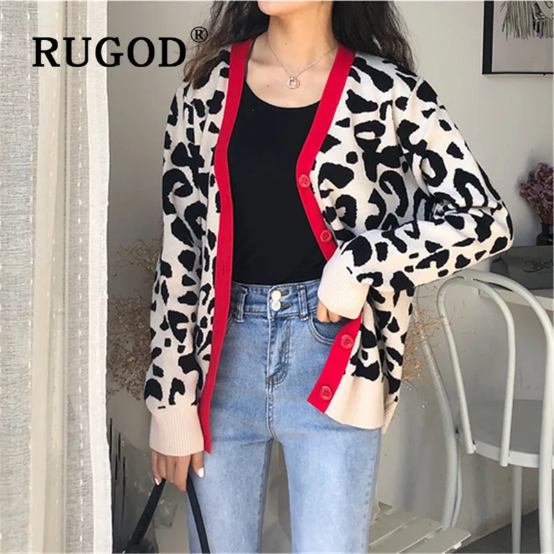 RUGOD, Ретро стиль, Леопардовый узор, свитер, кардиганы для женщин, v-образный вырез, однобортный, свободный, трикотаж, модное, женское, повседневное, теплое пальто