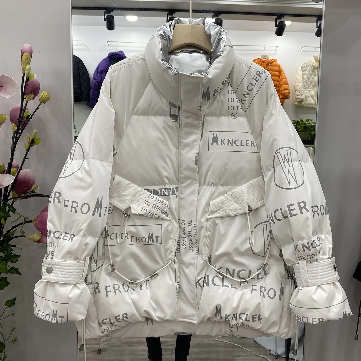 Off season fashion collar loose letter bright face bread jacket down women's middle long new warm | Женская одежда