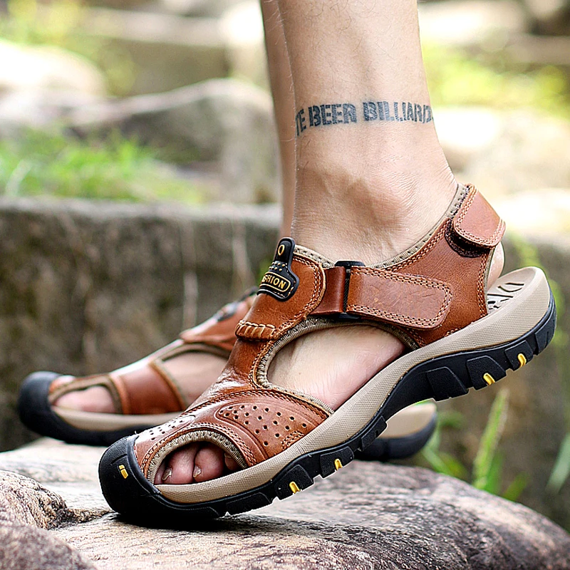 

Summer Hiking Sandals Breathable Genuine Cow Leather Sport Sandals Beach Water Shoes Man Wearproof Trekking Climbing