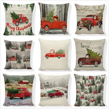 

Christmas Cushion Cover Red Truck Cushion Case Christmas Tree Decoration Family Living Room Chair New Year Pillow Cases 45x45cm