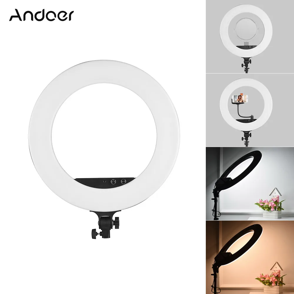 

Andoer 18" Studio Photography Lighting LED Video Ring Light Fill-in Lamp 80W 3200K-5800K Bi-color Video Light w/Phone Holder