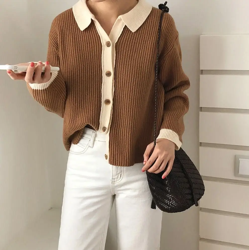 

Women Solid Lapel Knitted Cardigan Plus Size Vintage Long Sleeve Sweater Coat Patchwork Casual Loose Tops