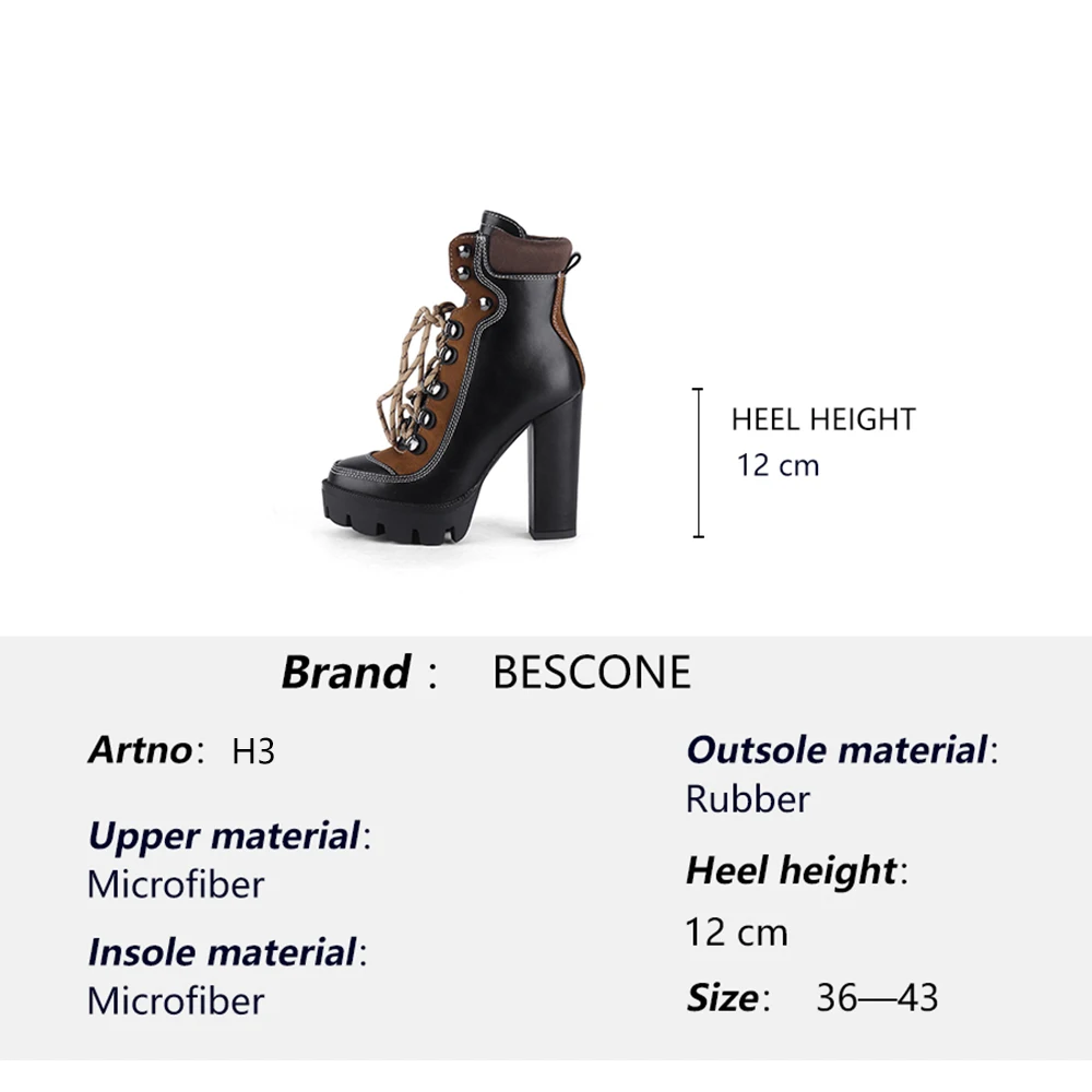 BESCONE Fashion Women platform Ankle Boots Round Toe Lace-Up Super High Heel Shoes New Mixed Colors Square Heel Lady Boots H3