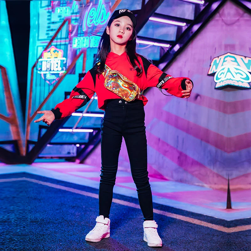 Танцевальные костюмы в стиле хип-хоп для девочек красный топ с капюшоном одежда