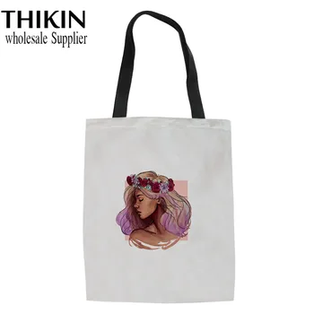 

THIKIN Ladies Foldable Shopper Bag Female Black Art African Girls Print Linen Tote Bag Heavy Duty Shopping Bags for Women Bolsa