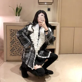 

New Vintage Turn-Down Collar Plaid Woolen Coat Pockets Autumn Winter Women Loose Long Sleeve Short Outwear
