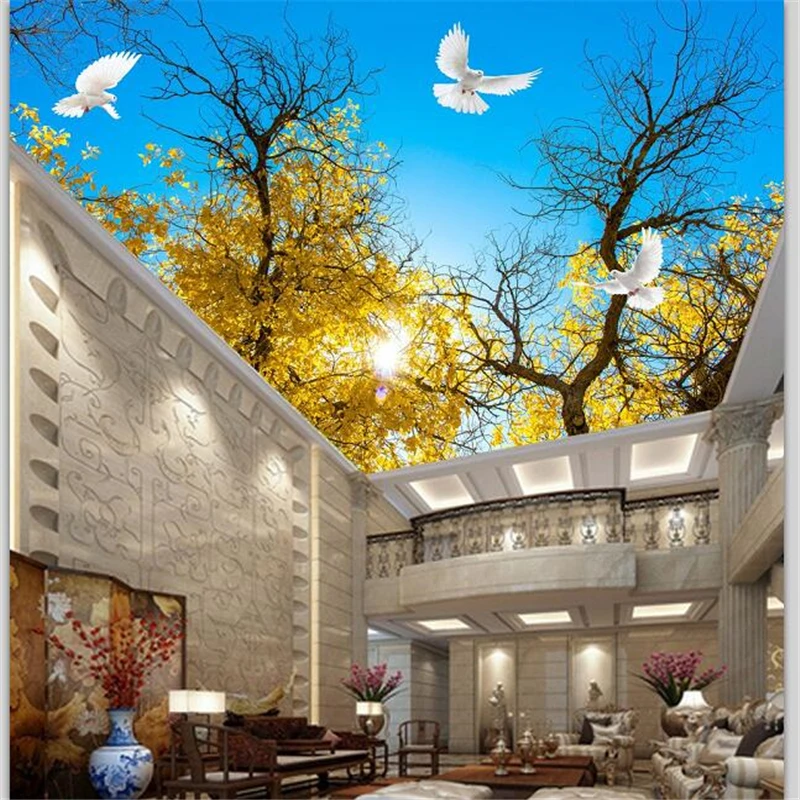 

Drop Shipping Custom Wallpaper 3d Photo Mural Yellow Apricot Leaves Blue Sky White Clouds Sky Top Mural Background Wall Paper