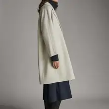 Новое осенне-зимнее женское Шерстяное однобортное пальто средней длины ручной работы с отложным воротником белого и синего цвета