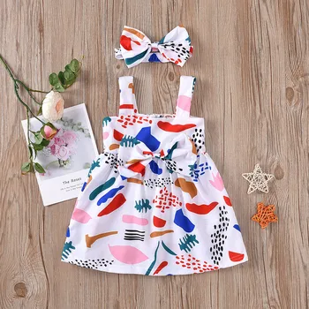 

Newborn Infant Baby Girls Suspenders Print Bow Princess Dress Headbands Set