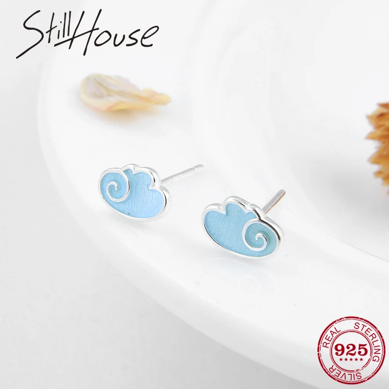 High Quality 925 Sterling Silver Blue clouds Small studs Earrings Fashion women Girl Gift Enamel accessories Jewelry | Украшения и