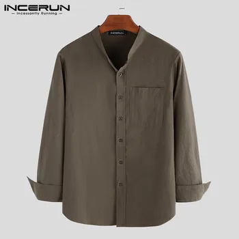 

2020 Spring Men Brand Shirt Solid Cotton Stand Collar Streetwear Long Sleeve Business Casual Shirts Chic Camisas Hombre INCERUN