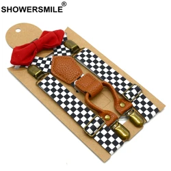 SHOWERSMILE Kids Checkered Suspenders Boys Suspender Formal Designer Suspender Bow Tie Children 4 Clips Checkerboard Kid Brace