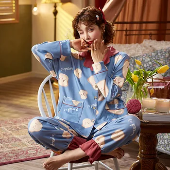 

Pajamas Female Winter Cute Print Women Sleepwear Long Sleeve Cardigan Sweet Pocket Top Pants Set Loose Home Clothes Warm Pyjamas