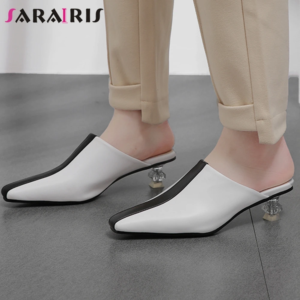 

SARAIRIS Med Clear Heel Mules 2020 Brand Trendy mixed-color Patchwork Pumps Women Elegant Square Toe Summer Shoes Woman