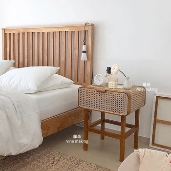 

South Korea ins real rattan solid wood nightstand rattan nightstand table simple retro small cabinet
