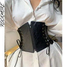 

Rockmore Faux Leather Belts For Women Side Lace Up Wide Corset Fashion Punk Style Zipper Fitted Waistband Bustier Cummerbunds