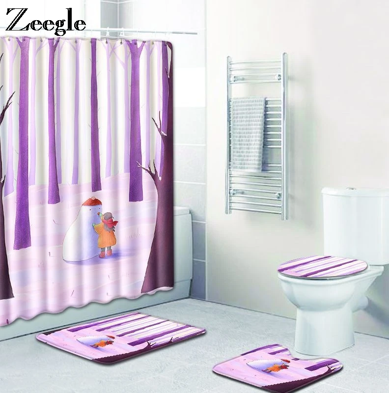 Zeegle Bath Mat with Toilet Shower Curtain Set Bathroom Rug Set Toilet Seat Cover Mat Anti Slip Polyester Toilet Pedestal Rug