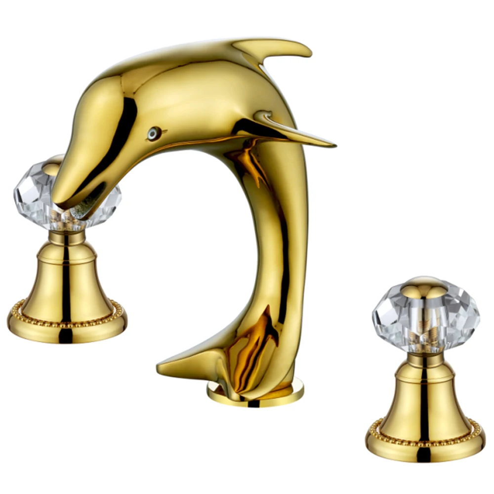 

Luxury 3PCS in Set Deck Mounted Gold Color Brass Material of Double Handle Dolphin Faucet