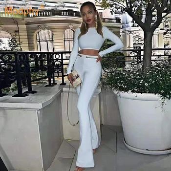 

2019 Winter New Green Women's Bandage Set Long Sleeve Top & Wide Leg Pants 2 Two Piece Club Celebrity Evening Party Set Jumpsuit