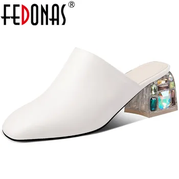 

FEDONAS Newest Cow Genuine Leather Women Pumps Rhinestone Crystal Thick Heels Mules Shoes Office Lady Concise 2020 Shoes Woman