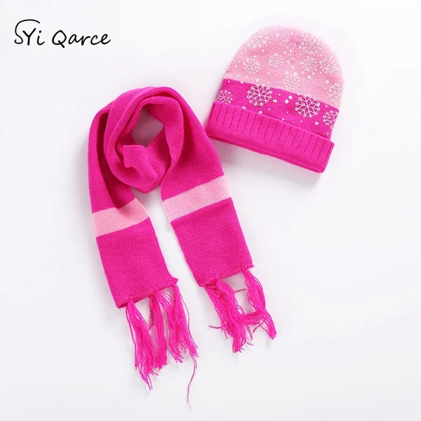 Rose Red SYi Qarce, Рождественская шапка со снежинками, шарф, комплект из двух предметов, теплая вязаная шапка с шарфом, Skullies Beanies для мальчиков и девочек, Рождественский подарок - Цвет: Rose Red