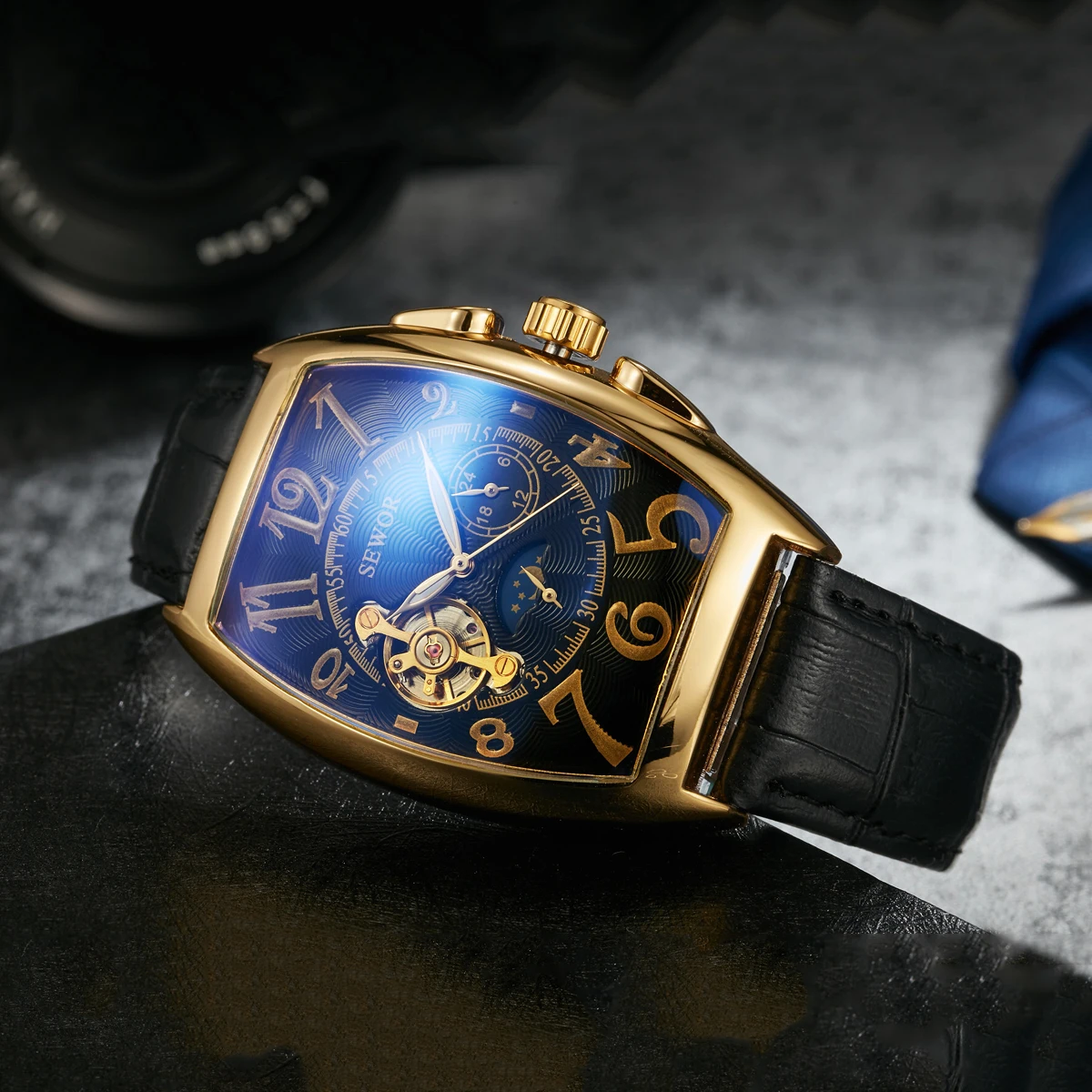 

Роскошные автоматические механические часы, мужские наручные часы-скелетоны в стиле ретро с Лунной фазой и автоподзаводом, мужские золотые часы с кожаным ремешком