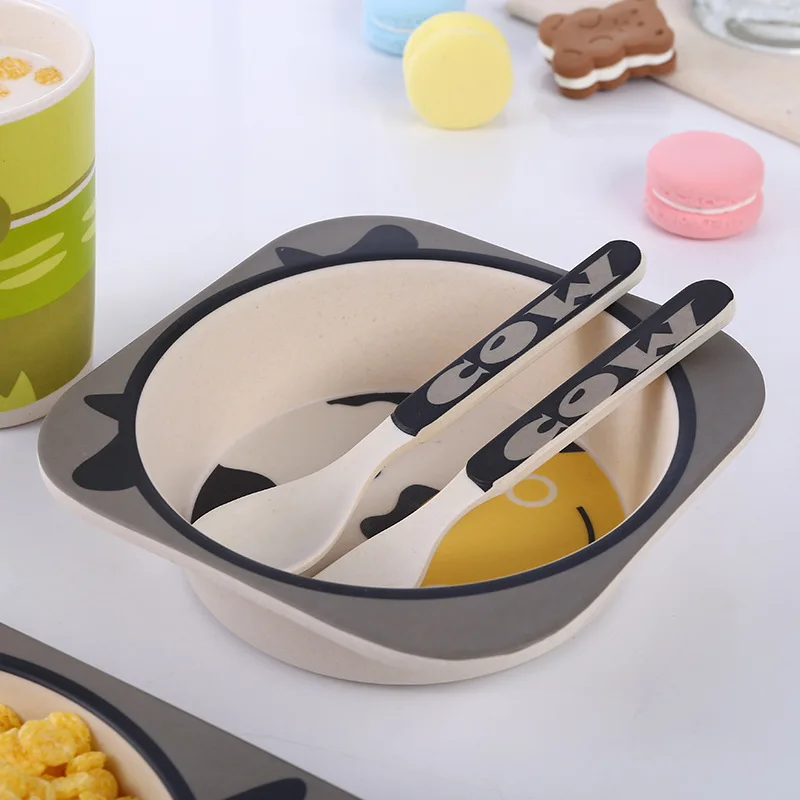 Baby Tableware Lovely Cartoon Children Feeding Dishes Kids Dish Bamboo Fiber Dinnerware Set With Bowl Fork Cup Spoon Plate 5Pcs