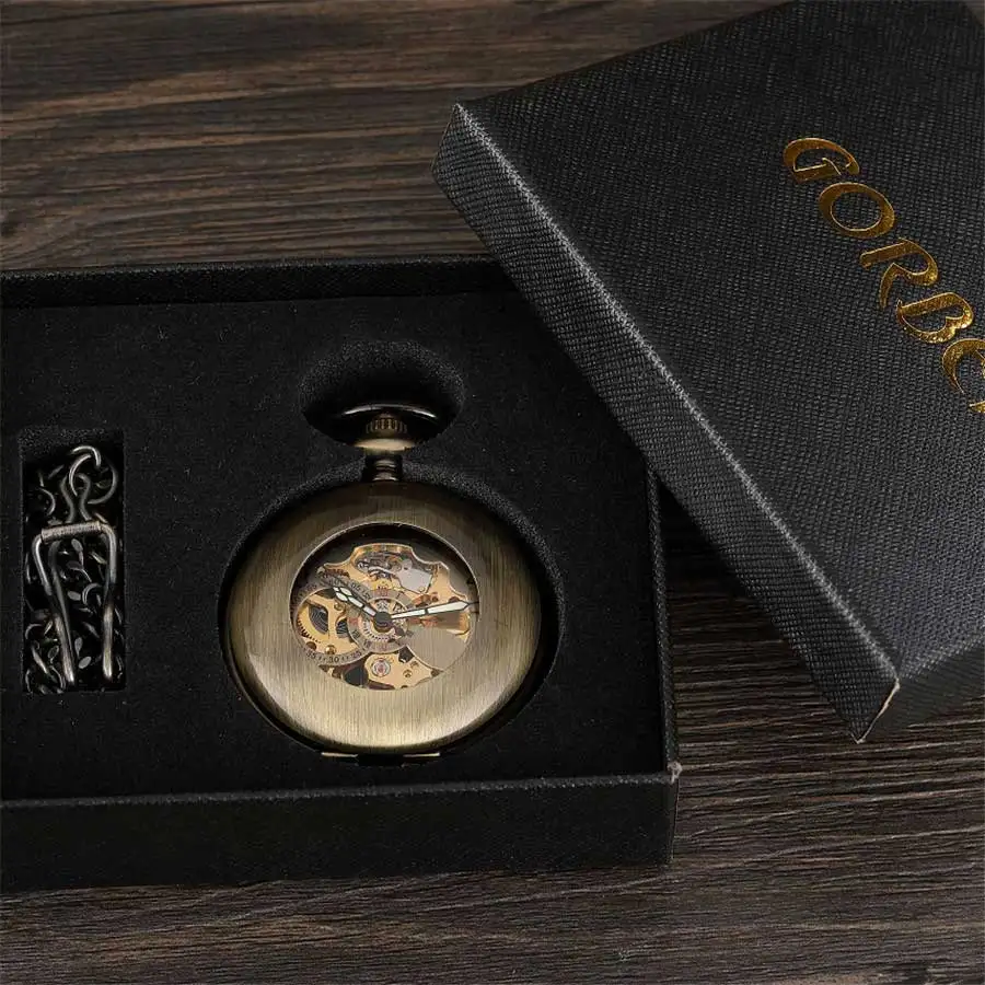 watch with box Винтажные бронзовые Механические карманные часы с гладким скелетом, мужские часы Steampuk с подвеской на цепочке с арабскими цифрами в подарок - Цвет: watch with box