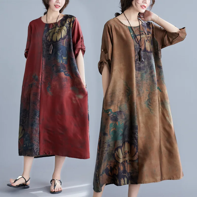 

2020 Large Size Dress Ethnic-Style Silk Kuotaitai Loose-Fit Mid-length Floral Printed Dress