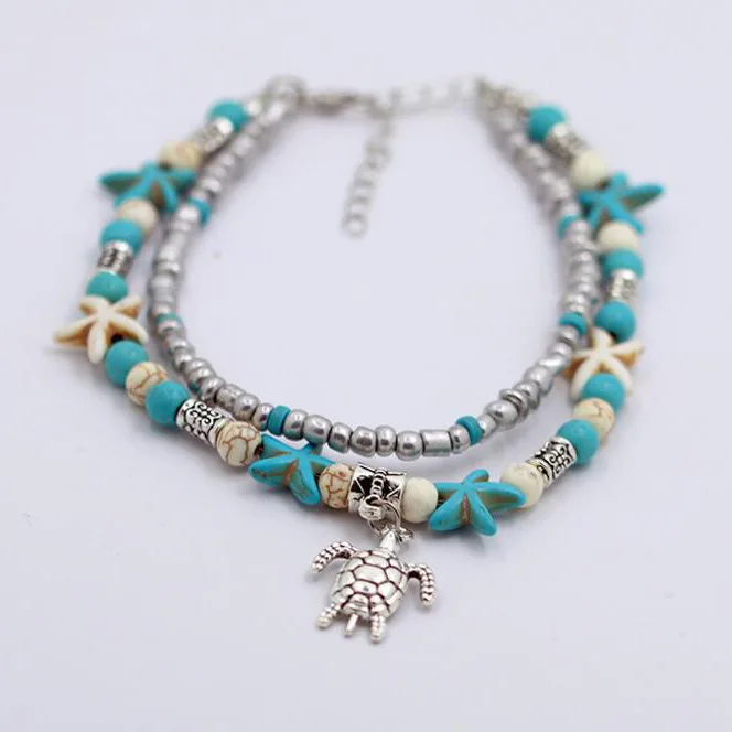 Europe and America Bohemian style double-layer beach sea turtle starfish anklet sea wave beach turtle anklet Europe and America Bohemian style double-layer beach sea turtle starfish anklet sea wave beach turtle anklet