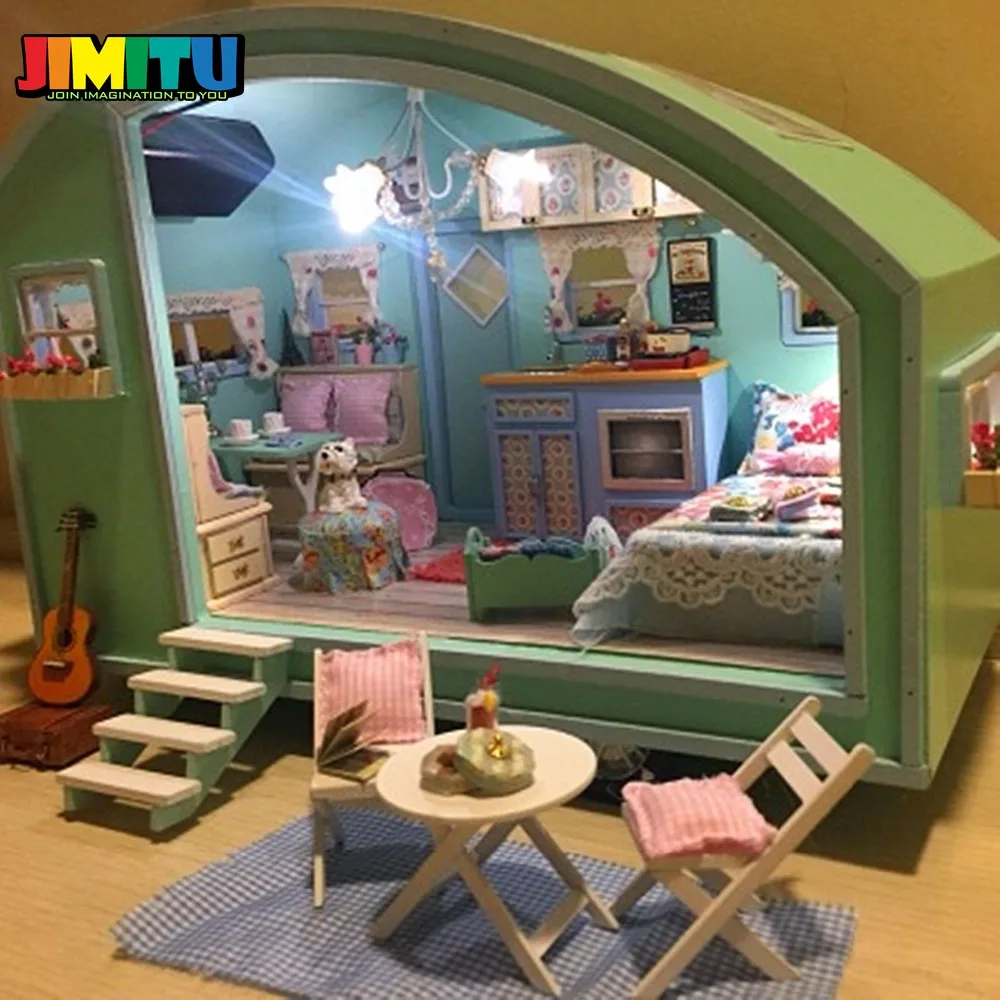 JIMITU Cuteroom DIY деревянный кукольный домик Миниатюрный комплект для кукольного дома светодиодный+ музыка+ Голосовое управление комплекты ручной работы туристический фургон для девочек