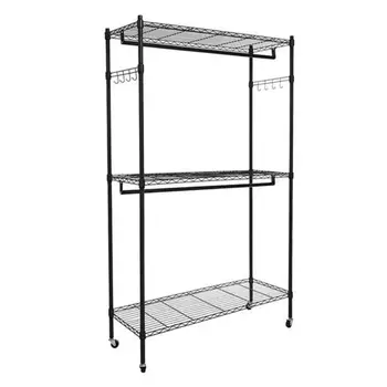 

2 Tier Rod Closet Organizer Garment Rack Clothes Storage Hanger Shelf Hooks