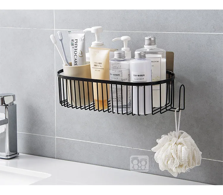Free punching wrought iron bathroom shelf vanity bathroom wall hanging strong seamless stickers storage rack WF10111117