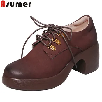 

ASUMER size 34-40 fashion genuine leather shoes women lace up ladies high heels shoes classic Vintage Style prom dress shoes