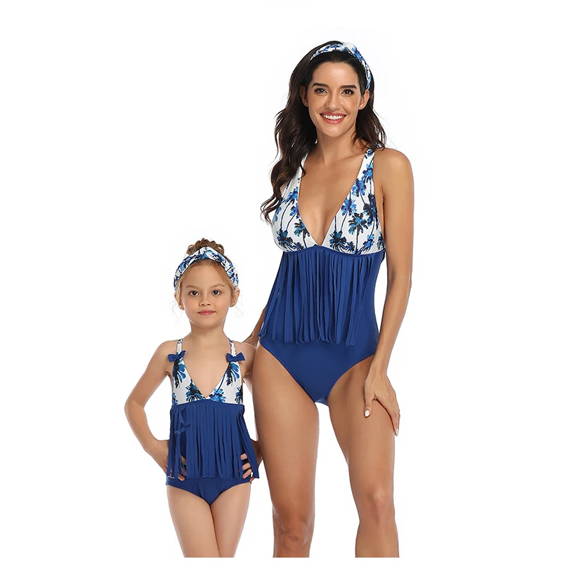

2020 New Summer Swimsuit One-Piece Mom and Daughter Print Tassels Swimsuit Bikini Set Family Matching Swimwear Family Look