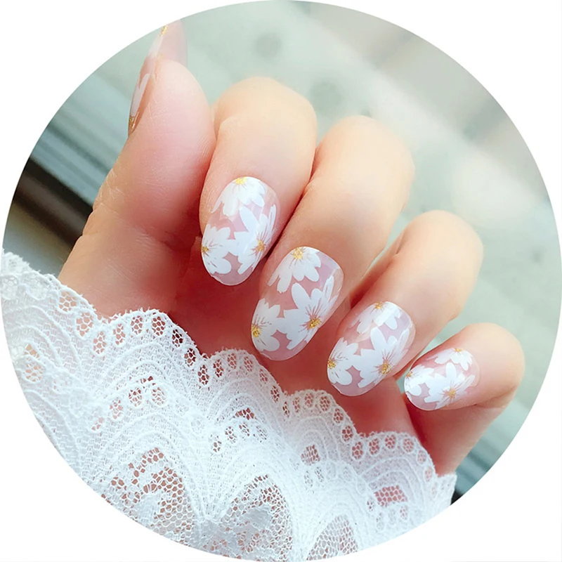 24Pcs Wholesales Fake Nails Press On For Women Bride White Flower Designs Artificial Nail Tips Full Cover False Nails