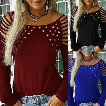

hirigin Women Hollow Out T Shirt Studded Long Sleeve Hollow Out Evening Party Ladies Loose Casual Tops Tee