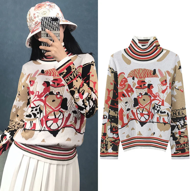 

Fragrance Colour Knitted Shirt Early Autumn of 2019 New Egyptian pattern jacquard high-collar bright silk sweater woman