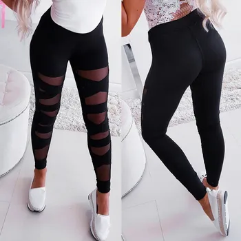 

Hot sale Fashion Womens Elastic Perspective Splice Leggings Sport Casual Solid Yoga Pants Tights Pants gym tops ropa mujer 2020