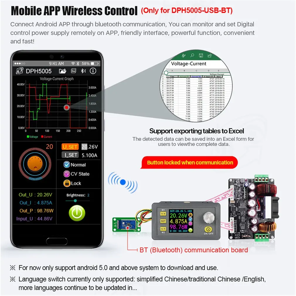 DPH5005-USB-BT понижающий преобразователь постоянного напряжения тока программируемый цифровой контроль источник питания цветной ЖК-вольтметр