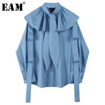 

[EAM] Women Blue Ruffles Bandage Big Size Blouse New Stand Collar Long Sleeve Loose Fit Shirt Fashion Spring Autumn 2020 1U346