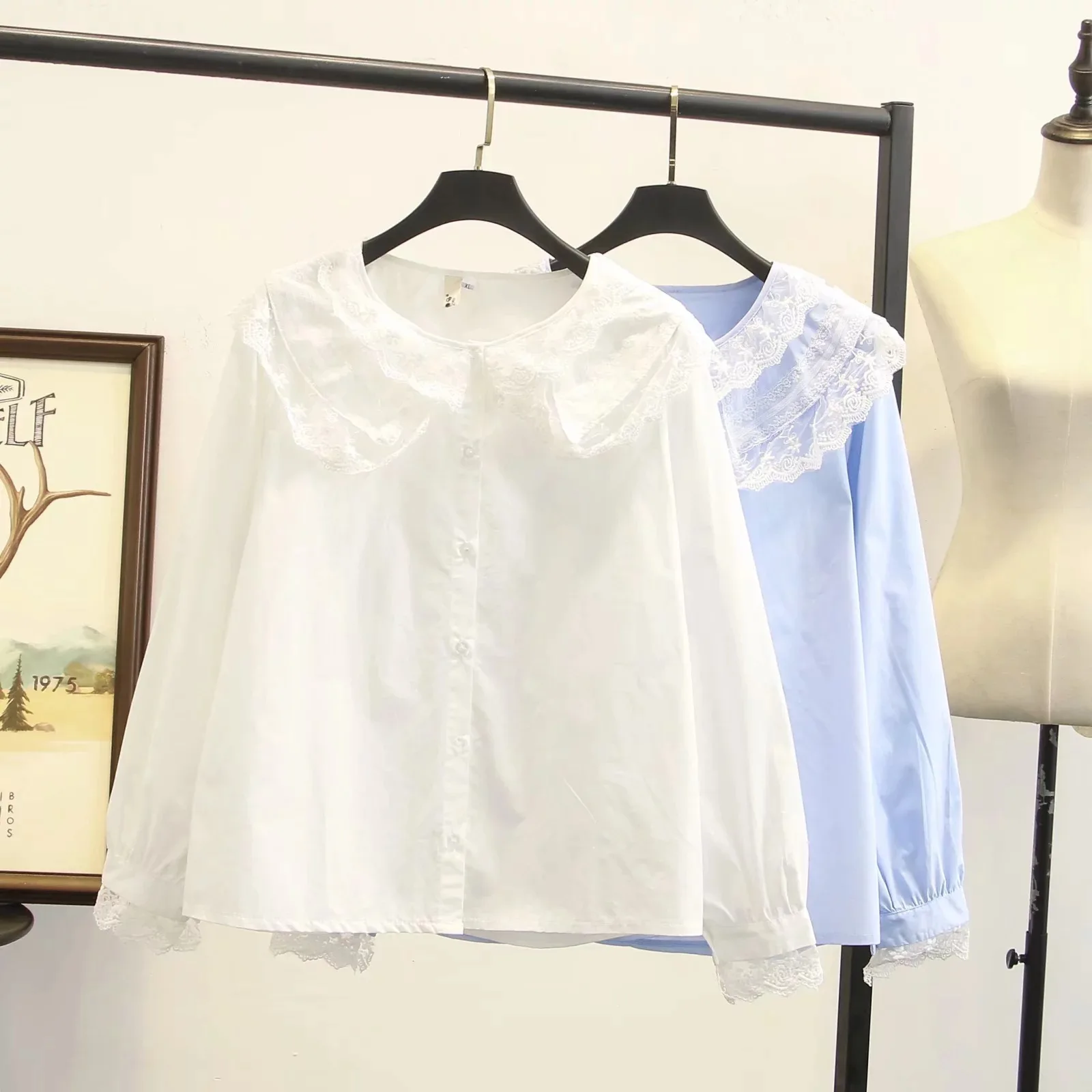 

2020 Spring Clothing New Style Sweet Large Size Dress Lace Peter Pan Collar Long Sleeve Solid Color Shirt LABOUR Suit W3-1022
