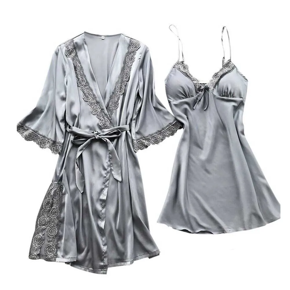 Silver Grey 2 шт./компл. ночное легкий длинный банный Свадебные элегантные кружевные мягкие шелковистые свободная талия на жестком шнурке с коротким рукавом Стильная женская обувь Для женщин халат - Цвет: Silver Grey