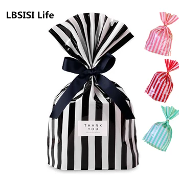 

LBSISI Life 100 Sets Candy Cookie Bags Stripe Wedding Self Stand Biscuit Chocolate DIY Pink Red Black Baking Bag With Ribbon