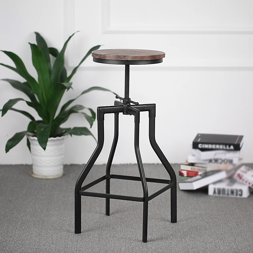 

iKayaa Bar Stool Height Adjustable Swivel Bar Chair Industrial Style Natural Pinewood Top + Metal Kitchen Dining Chairs Stools