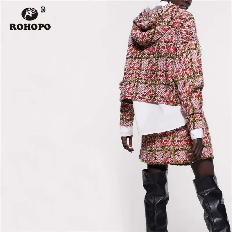 ROHOPO клетчатая трикотажная толстовка с бусинами в стиле ретро, Осенний Толстый Пуловер С Капюшоном, винтажные толстовки с капюшоном и карманами по бокам, тонкая верхняя одежда 9732