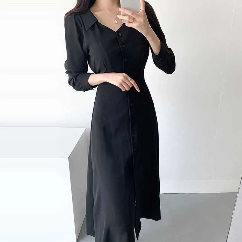 Elegant One-Piece Dress Woman 2020 Spring Autumn New Single-Breasted Long Sleeve Waist Dress Korean Office Party Dresses Lady