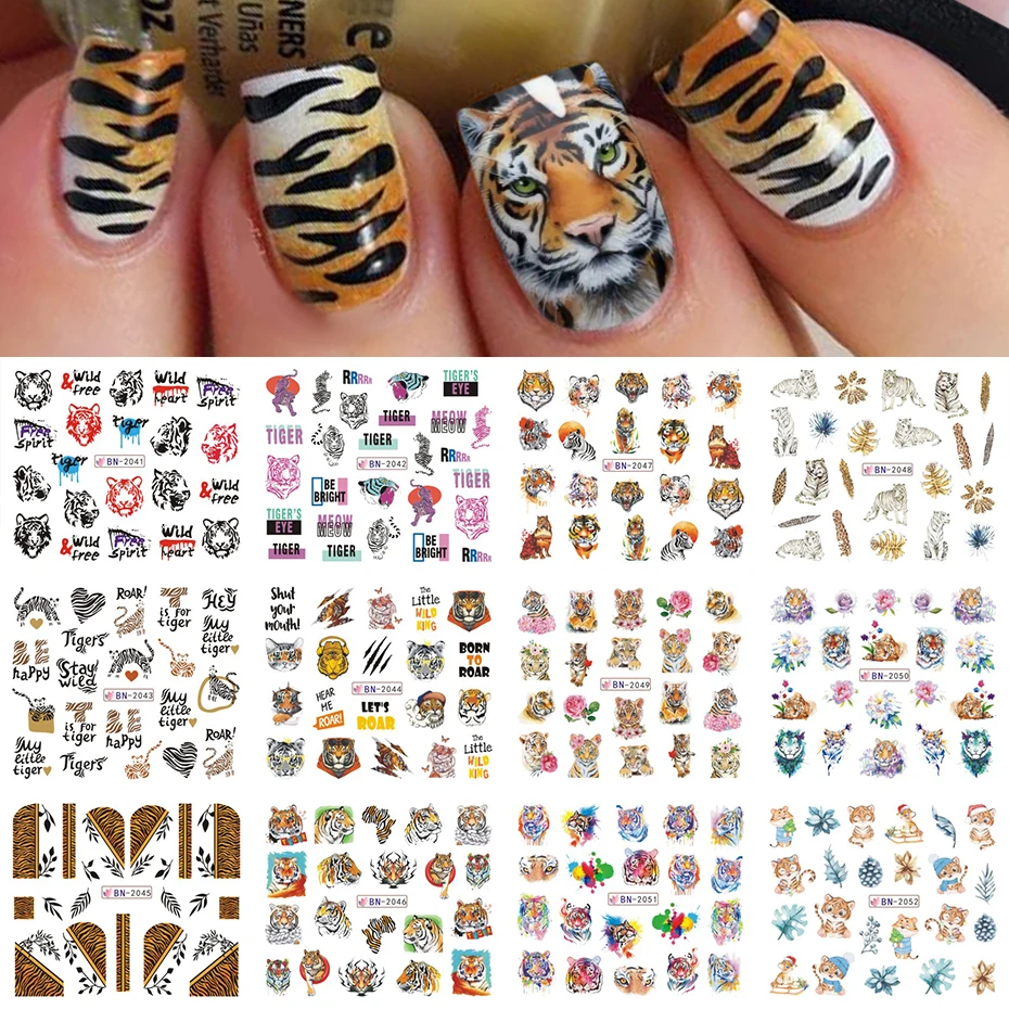 12pcs Tiger Leopard Print Nail Art Slider Water Decals Personality Linear Leaf Letter Cat Manicure Decorations Tip JIBN2041-2052 | Красота и