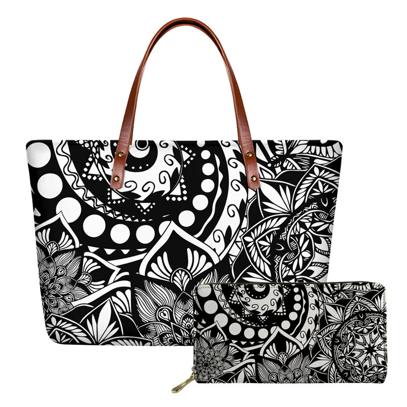 

Noisydesigns Vintage Tribal Mandala Flower Printed 2Pcs Women Luxury Handbag And Long Pu Purse Ladies Soft Tote Bag Sac A Main