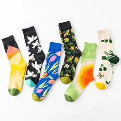 1 Pair New Arrival Women Socks Harajuku Creative Flower And Bird Sketch Print Cotton Socks Funny Casual Fashion Happy Socks 2020